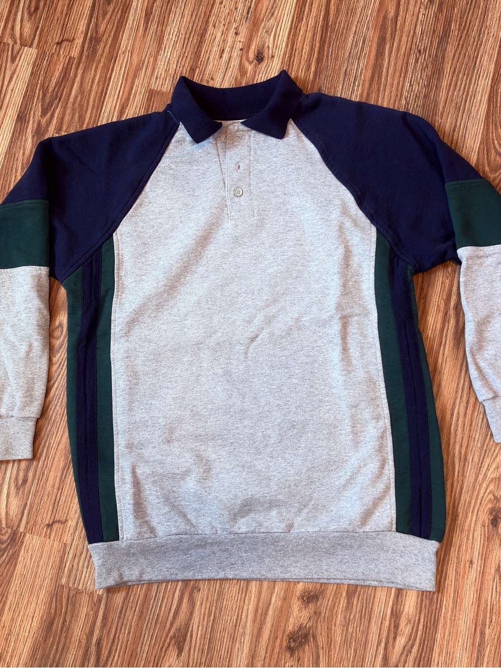 BVD Premium Fleece Men's Gray Polo Sweater with Navy + Green Accents Vintage